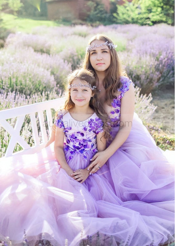 Pink Lavender Floral Cap Sleeves Flower Girl Dress